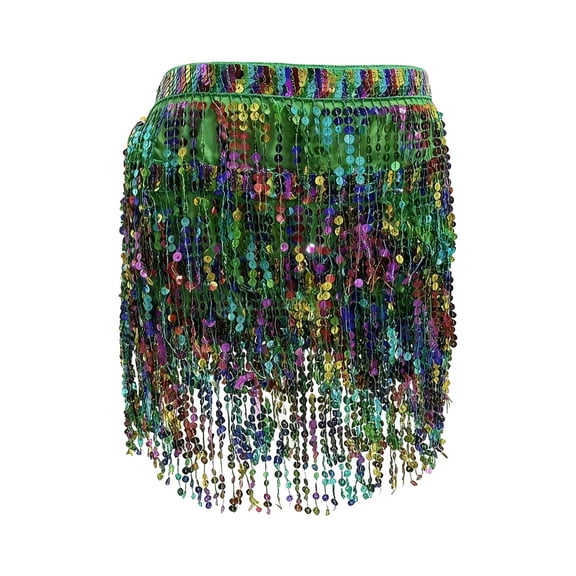 FAWUUDO Womens Belly Dance Hip Scarf with Sparkly Fringe Rave Party Sequin Skirt Costume Festival Tassel Skirt