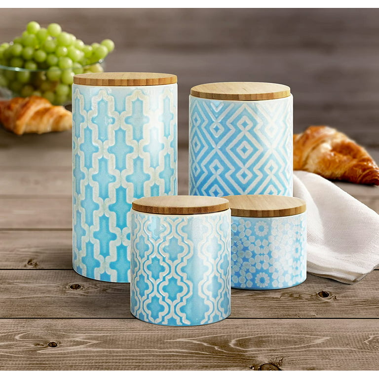 American Atelier, Round Arabesque Sky Blue and White Kitchen Ceramic  Canister Set with Lid, Set of 4