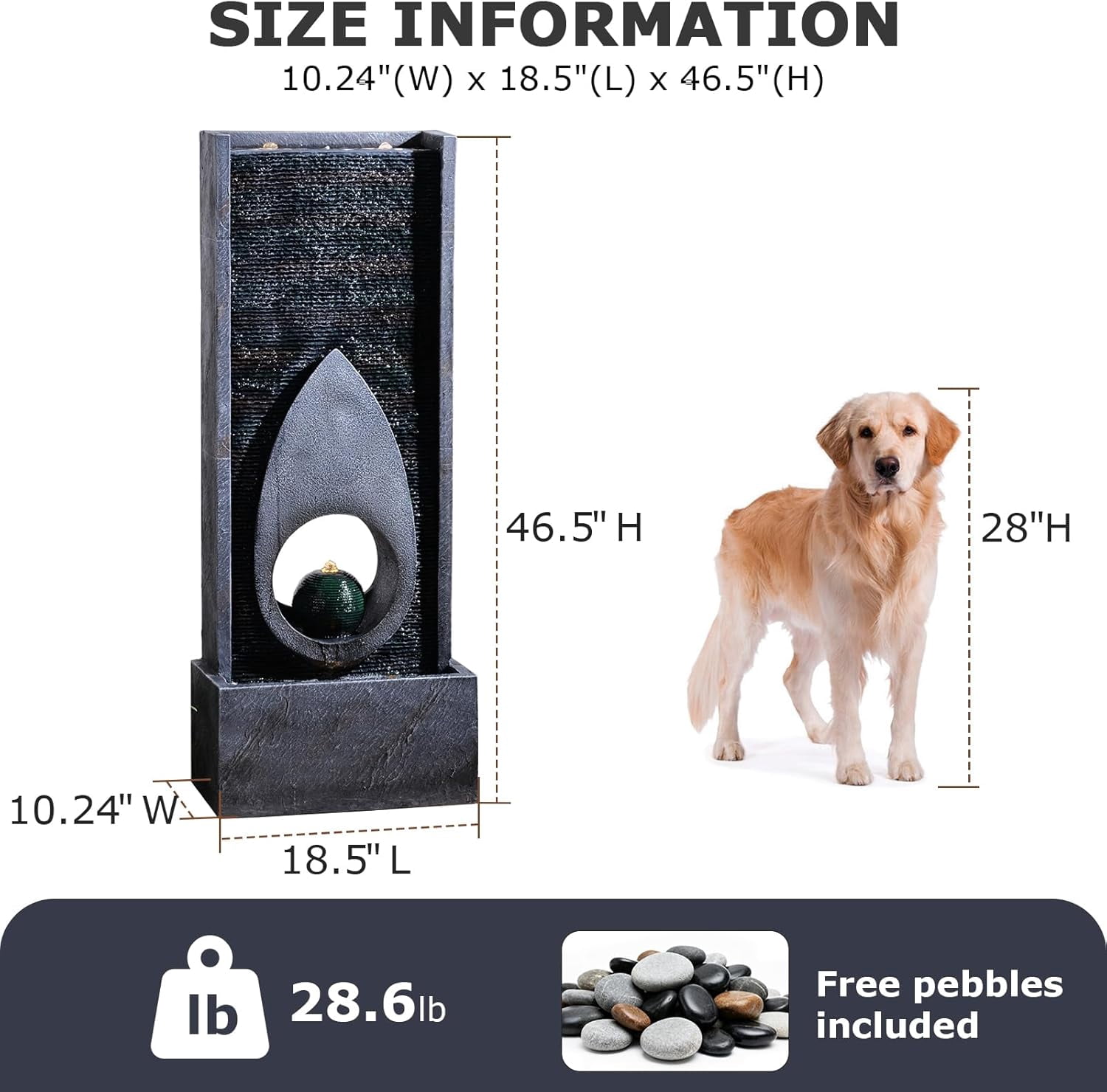46.5’’Tall Modern Water Fountain Indoor Outdoor Waterfall Feature Floor Standing with Sphere and LED Lights for Garden, Yard, Patio, Deck, Porch, Livingroom Decor
