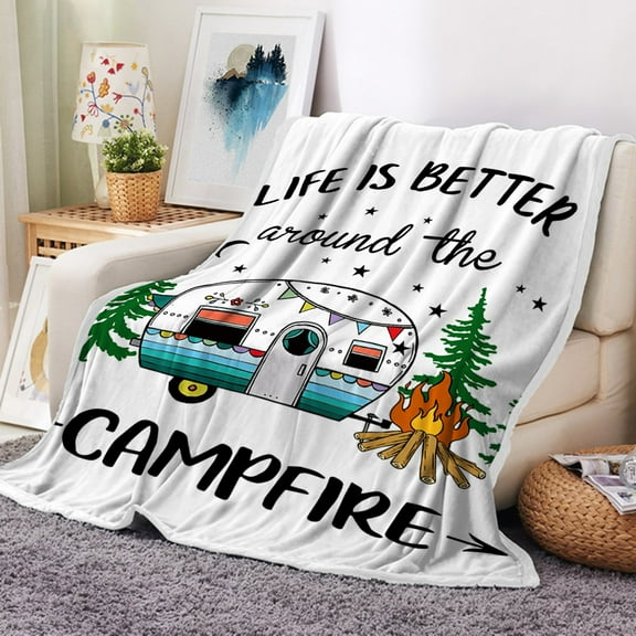 Happy Camper Throw Blanket, Retro Rustic Wood Neutral Color Fleece Throw Blanket for Travel Trailer Camping Theme Motor RV Flannel Fleece Blanket Bed Blanket All Season Throw Blanket (50"x60")