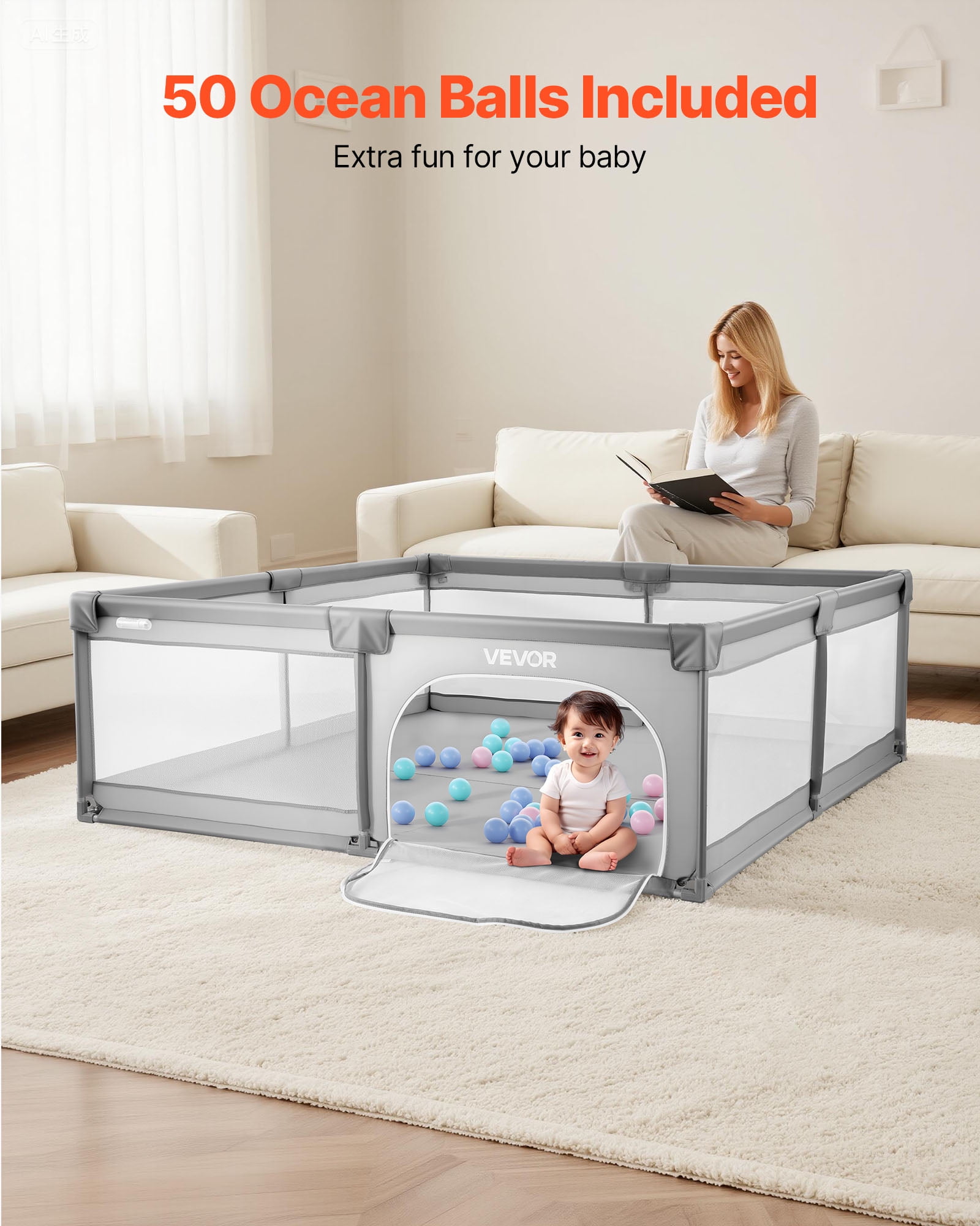 VEVOR Baby Playpen, 78.7″ x 58.7″ Large Toddlers Playpen, Indoor/Outdoor Baby Fence Play Yard with 50 Ocean Balls, Zippered Door & Breathable Mesh, No-Gap Safety Activity Center for Babies Toddlers