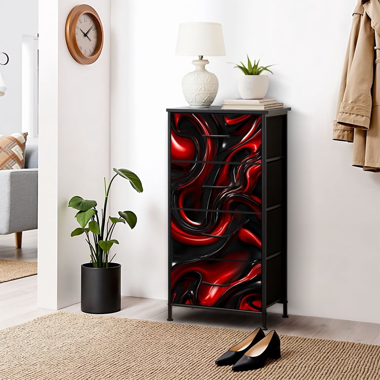 black and red dresser for Bedroom with 4 Storage Drawers Abstract Fluid Swirl Design Glossy Finish Dressers Chest of Drawers Steel Framed Fabric Closet Organizers for Dorm Entryway Equipped with anti Other | Red Black Dresser