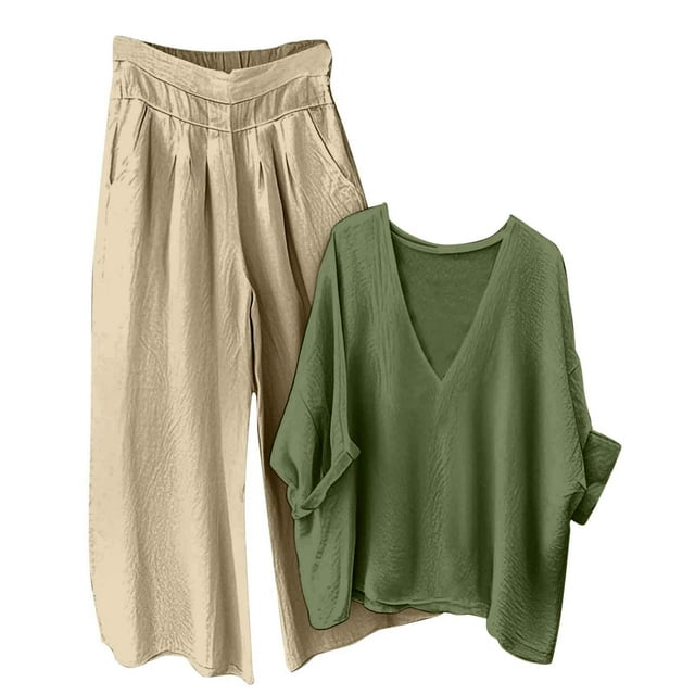 Women's Linen Set 2025 - V-Neck Top & Pants | Breathable Summer Loungewear
