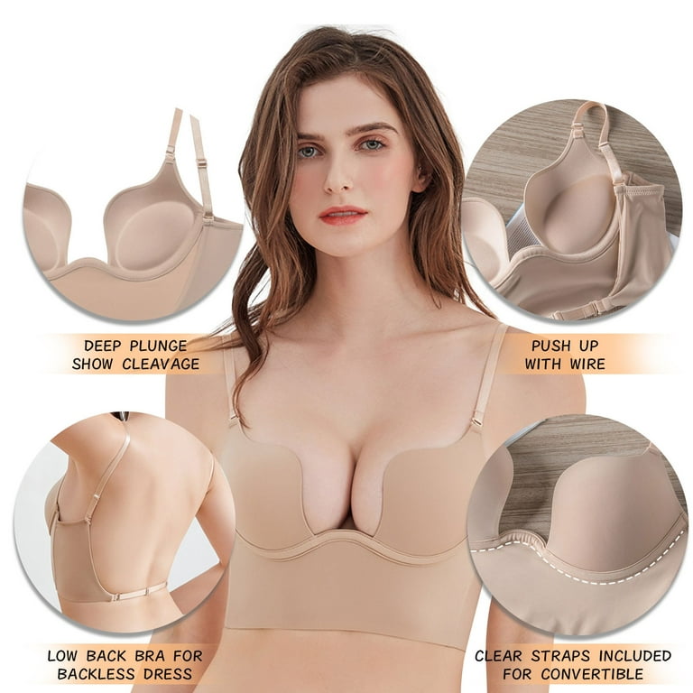 Umitay Strapless Bras For Women Womens Low Back Bra Wire Lifting Deep U  Shaped Backless Bra With Convertible Clear Straps 