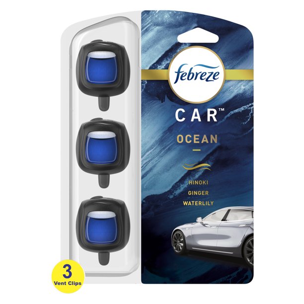 Febreze Car Air Freshener Vent Clip Ocean Scent , 07 oz. Car Vent Clip, 3 Vent Clips