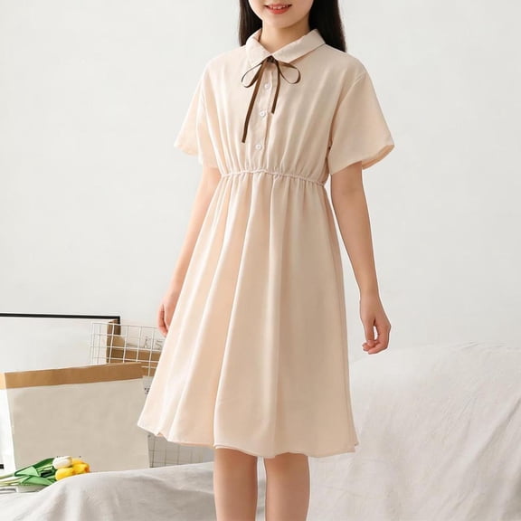 Bxsruta Girls Preppy A-Line Dress Short Sleeve Button Up Shirt Dress with Bow Tie High Waisted Summer School Uniform for Teen Kids