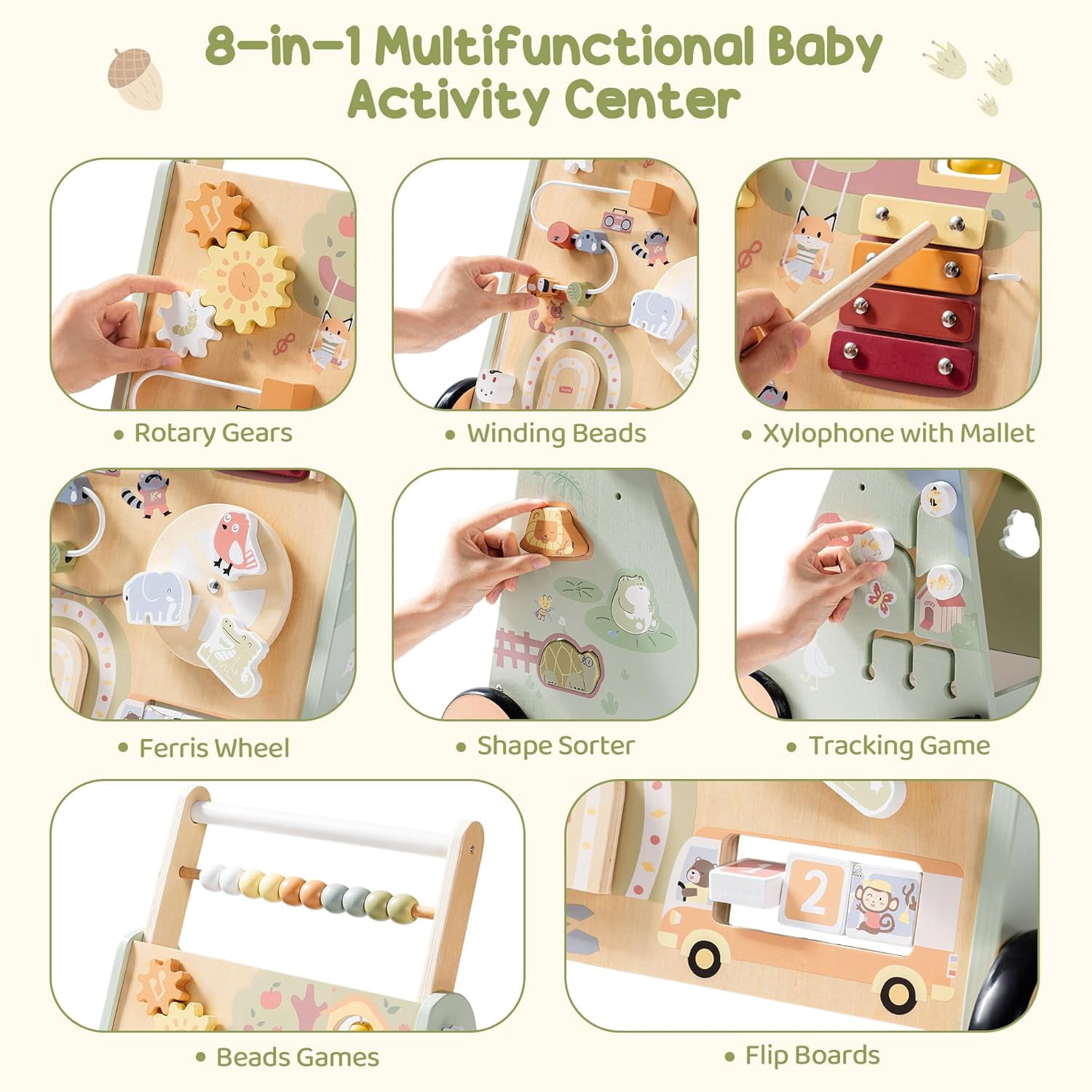 Robud Wooden Baby Walker, with Wheels, Montessori Push Toys for Babies 10M+ Learning to Walk, Baby Walkers Activity Center for Boys and Girls, Green, Forest Fairy Tale