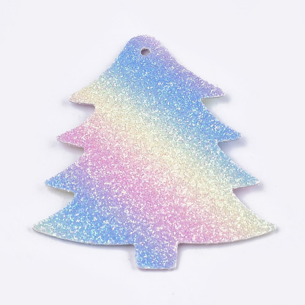 100 pc PU Leather Big Pendants with Sequins Christmas Trees Colorful 55x47x1mm Hole: 1.8mm Imitation Leather