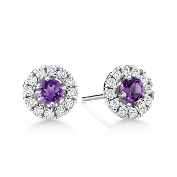 Gem Stone King 14K White Gold Lab Grown Diamond Halo Stud Earrings 0.61 Ct Round Purple Amethyst
