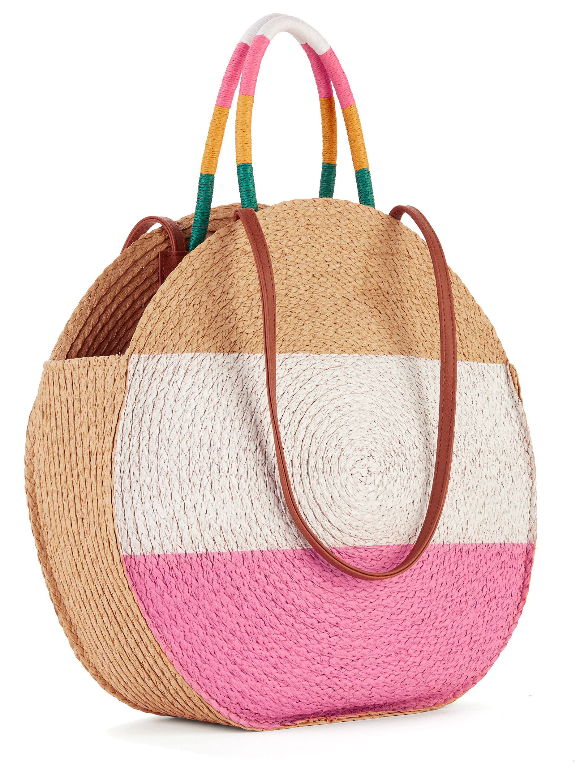 Time and Tru Women's Striped Straw Circle Tote Bag with Inner Slip Pocket Coral Multi - image 2 of 7