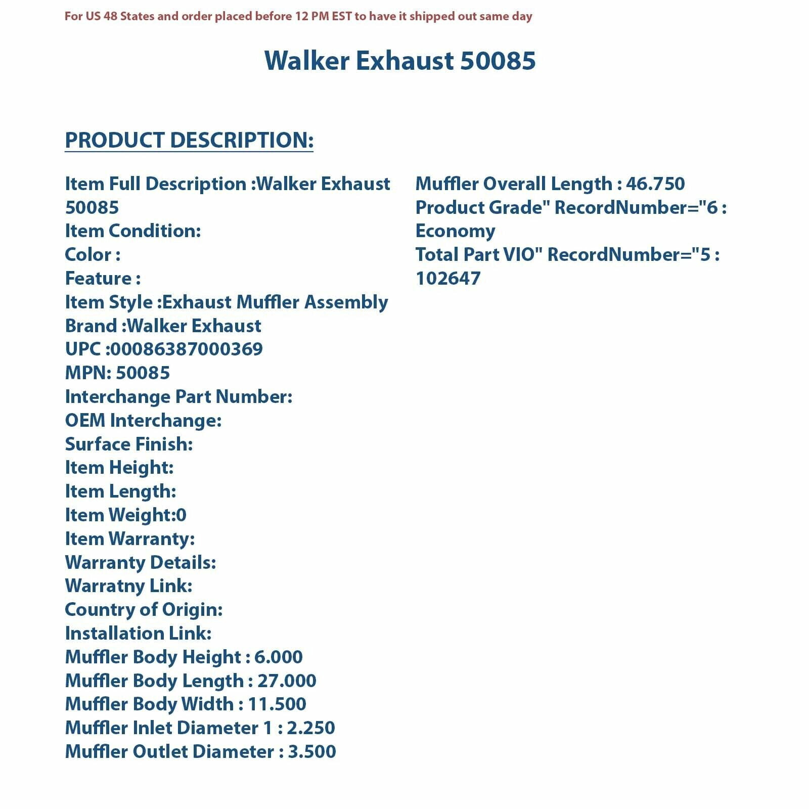 Walker Exhaust Exhaust Muffler Assembly P/N:50085 Fits select: 2008-2011 TOYOTA SCION, 2012-2015 TOYOTA SCION XB