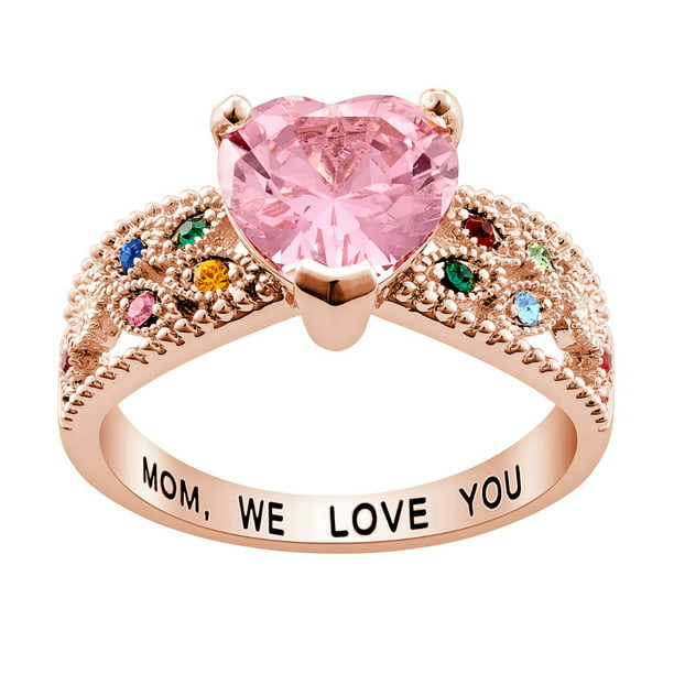 Personalized Rose Gold Plated Mother's Heart Family Birthstone Ring ...
