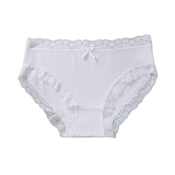 MOJOGO Soft Underwear for Women Ribbed Lace Trim Hipster Briefs with Bow Moisture-Wicking Panties for Everyday Comfort White S