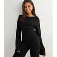 thumbnail image 4 of Women'S Round Neck Flare Sleeve Top and Straight Leg Pants Two Piece Set Casual Loungewear Sporty Black S, 4 of 9