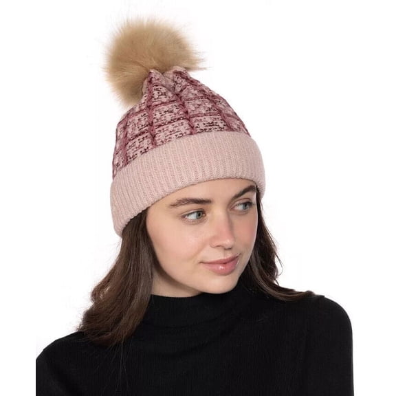 INC International Concepts Women's Tweed Knitted Beanie Hat with Faux Fur Pompom, Wine, One Size