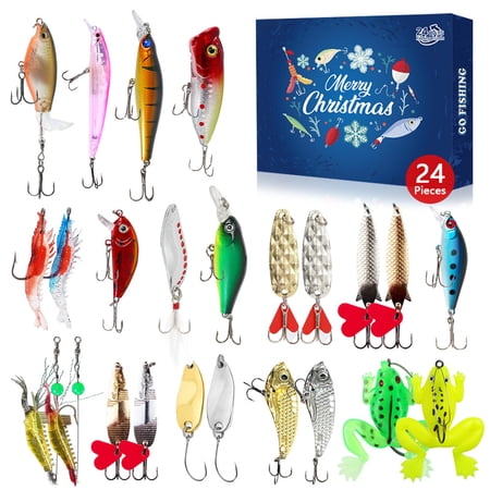 Decorr 2026 Fishing Lure Christmas Advent Calendar 24Pcs Assorted Hard Crankbaits Spoon Metal Lures Frog Shrimp Baits Tackle Set Christmas Holiday Gifts for Anglers Fishing Lovers