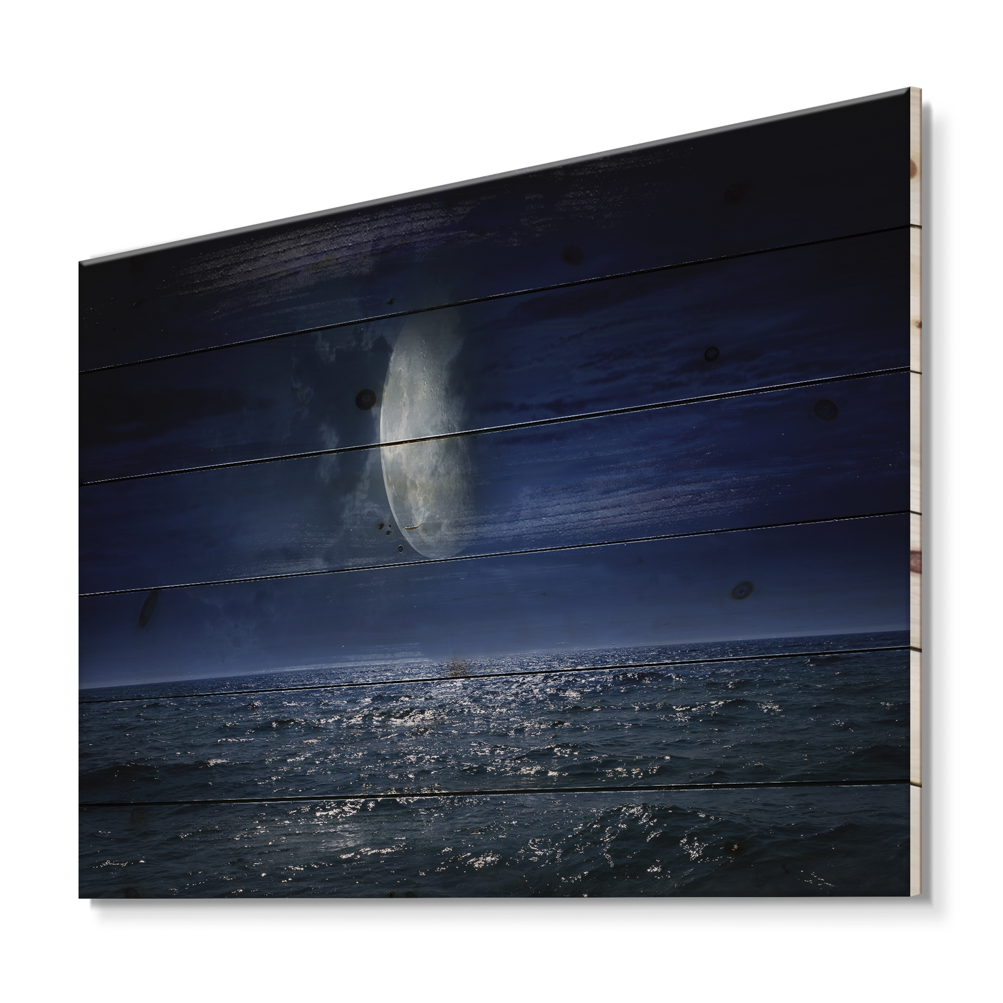 Designart 'Full Moon Night Over Dark Ocean' Nautical & Coastal Print on Natural Pine Wood