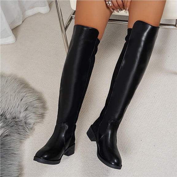 Gamivast Boots for Women Faux Leather Knee High Boots Round Toe Stretch Panel Side Zip Riding Boots for Office Work Travel Walking Casual Footwear Black 42