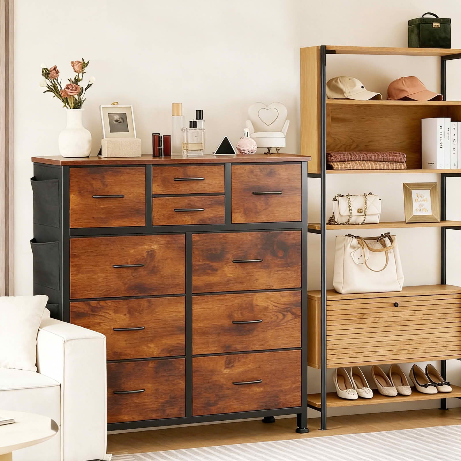 MAYEERTY 10-Drawer Storage Dresser, Cabinet with Side Pocket Hooks Wood Top for Bedroom Closet