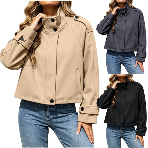 SEMPAI Crop Trench Coat Jacket for Women Stand Collar Long Sleeve Casual Coat Fall Zipper Trendy Party Loose Outerwear with Pockets Black L