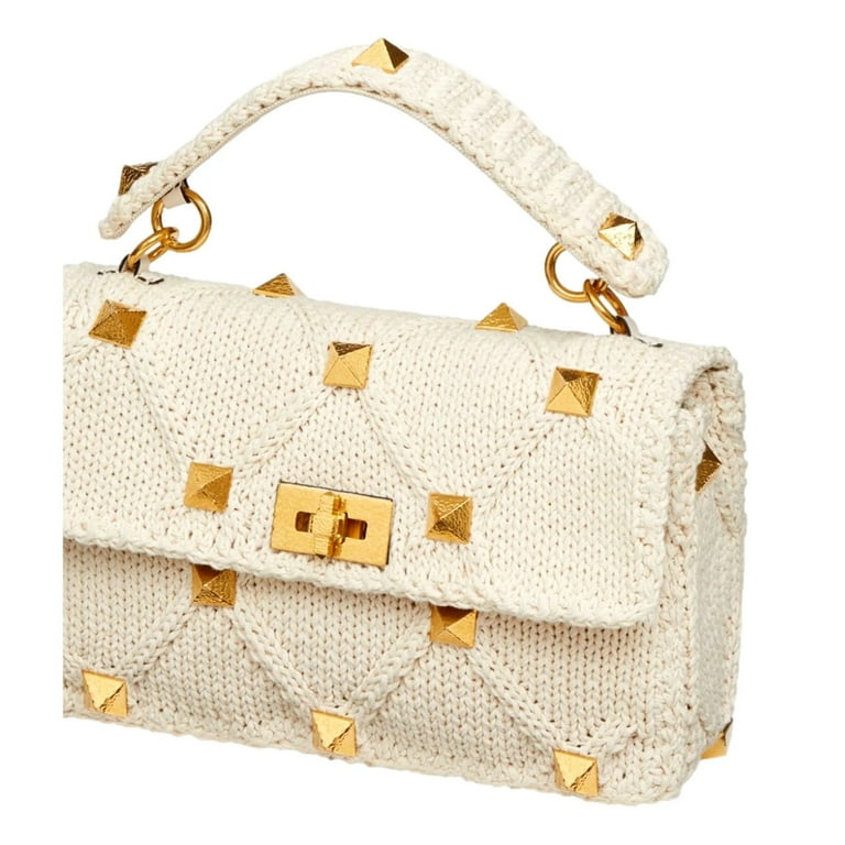 Valentino Garavani Roman Stud Large Shoulder Bag Ivory Knit