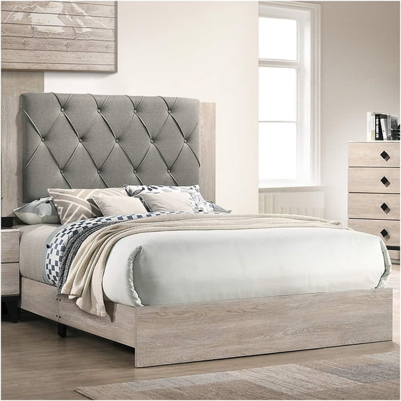 JERFIT California King Bed Frame with Upholstered Headboard, Cream Grey Tufted Design, Rubberwood Platform Bed, No Box Spring Needed, Modern Bedroom Furniture