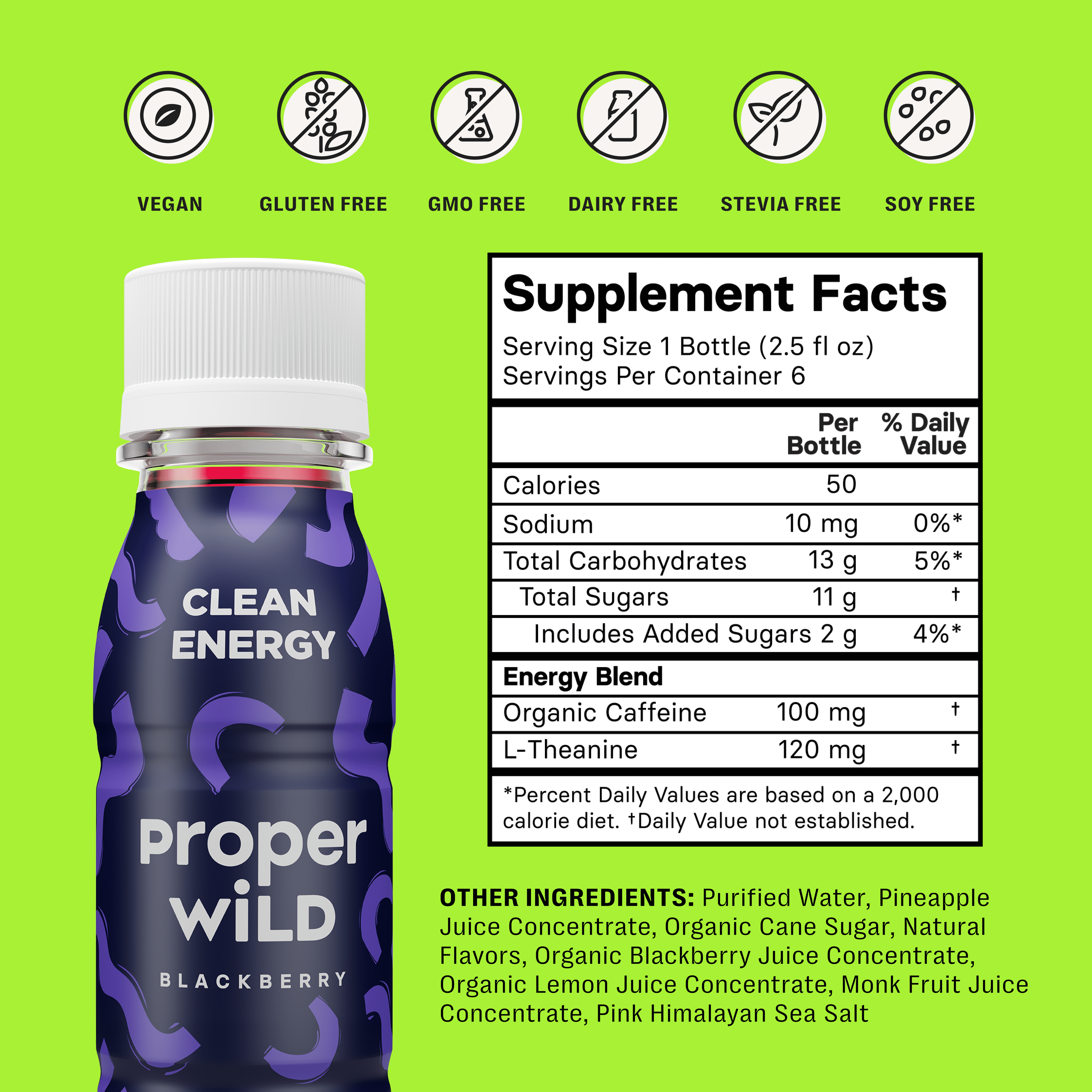 Proper Wild, Natural Clean Energy Shots, Caffeine & L-Theanine, Blackberry, 6-Pack