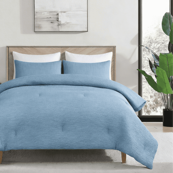 Waffle Textured Comforter 3-Piece Bedding Set - Blue King/Cal-King Size-All Season Down Alternative