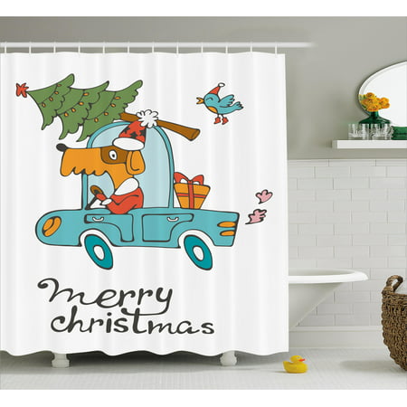 Christmas Shower Curtain Set, Blue Vintage Car Dog Driving with Santa Costume Cute Xmas Bird Tree and Gift Present, Bathroom Decor, White Multi, by