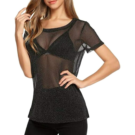 Outfmvch Shirts for Women Short Sleeve Shirts for Women Ladies Tops and Blouses cute graphic tees for women women blouses Solid See Through Arm Shaper Top Mesh Shirt Blouse Black L