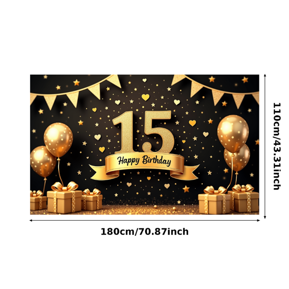 Golden Theme Happy 15th Birthday Banner Decorative Creative Sparkling Gold for Birthday Party Kids Celebration Indoor Decoration