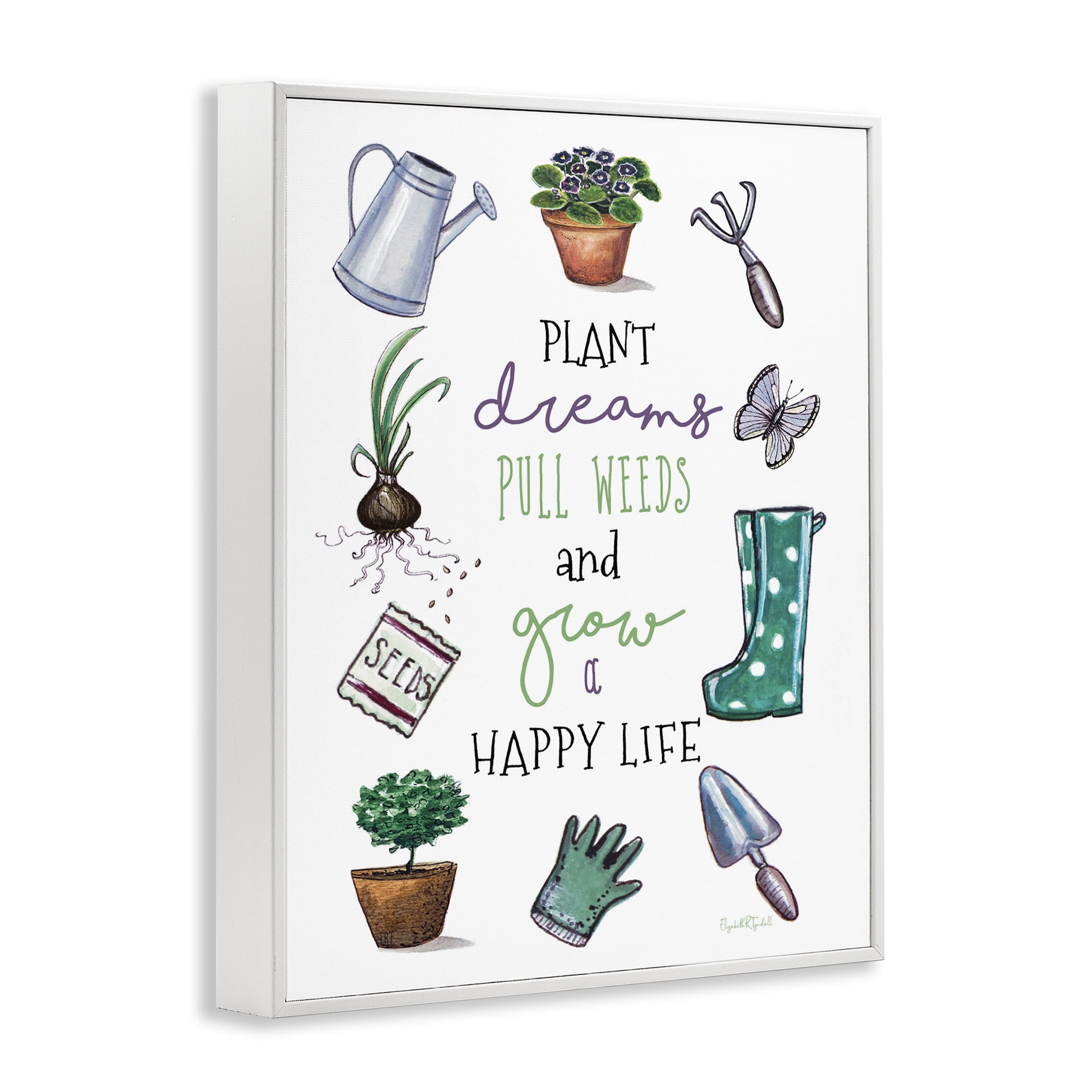 Stupell Industries Grow a Happy Life Botanical & Floral Painting White Framed Art Print Wall Art, 24 x 30