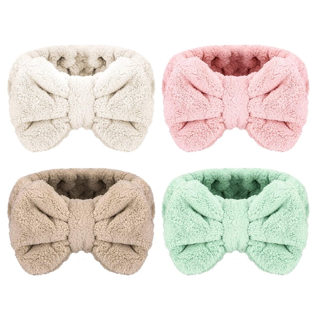 Senkary Paquete de 4 diademas de maquillaje con lazo, diademas de microfibra para spa, diadema de toalla, diadema suave y esponjosa para lavar la cara, para mujeres y niñas, ducha, baño, cuidado de la
