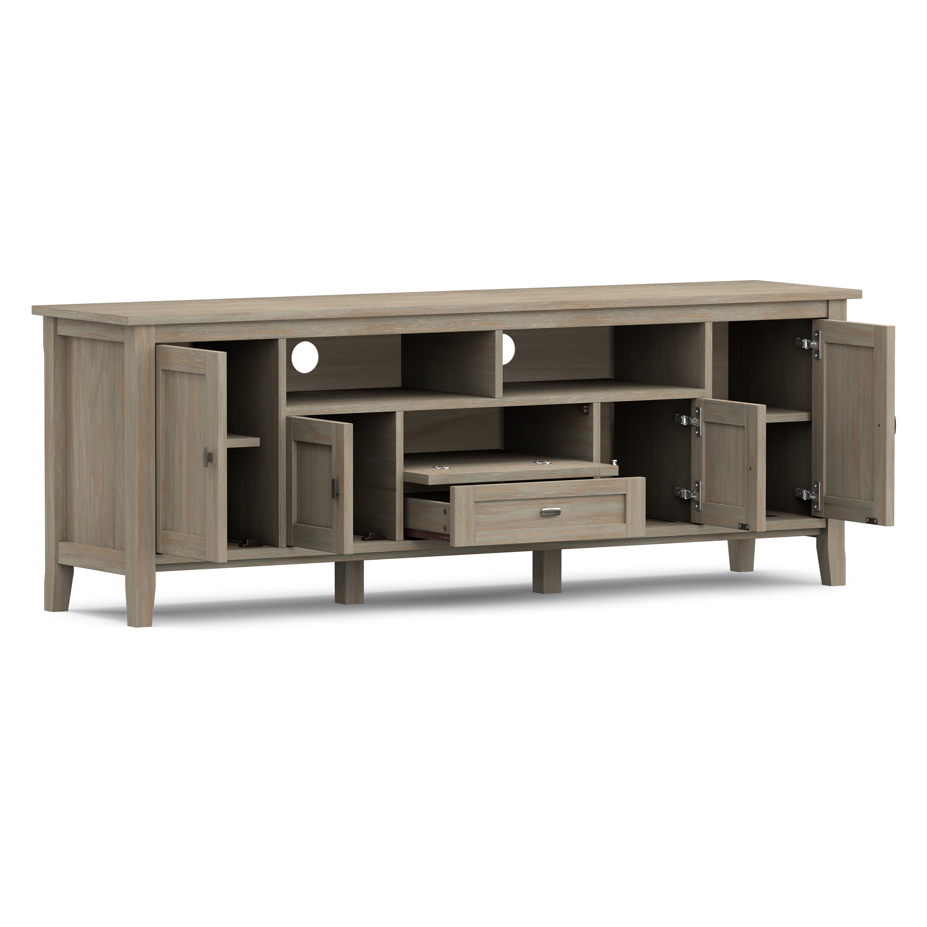 Simpli Home Warm Shaker 72 inch Wide Solid Wood TV Stand in Distressed Grey For TVs up to 80 inches
