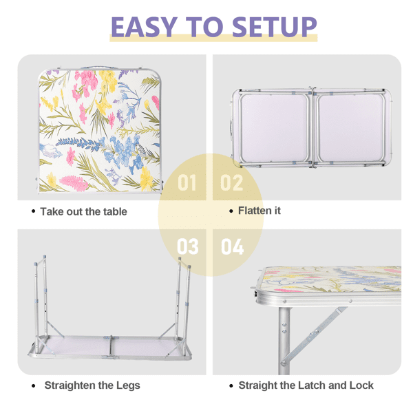 4 Ft Rectangular Center‑Fold Outdoor Folding Table, 23.82 Inch Width, 3‑Level Adjustable Height Aluminum Frame, 110 Lbs Capacity for Camping Picnic Party, Floral Print