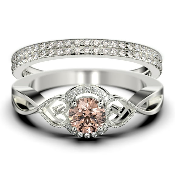 Dazzling Half Halo 2.25 Carat Round Cut Morganite And Diamond Moissanite Engagement Ring Wedding Ring in 925 Sterling Silver With 18k White Gold Plating, Promise Ring, Trio Set, Matching Band