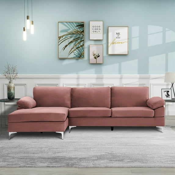 Aukfa 102" Wide Velvet Sectional Couch with Chaise for Living Room, Pink
