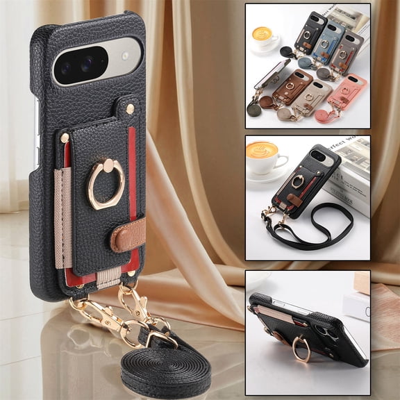 TECH CIRCLE for Google Pixel 10 / Pixel 10 Pro (6.3") Wallet Case with Shoulder Strap, Built-in Credit Card Slot, Grip Ring, Kickstand, Lychee Pattern PU Leather Cover, Black