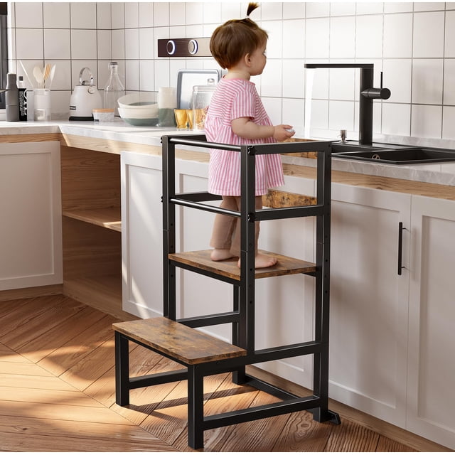 Taburete de cocina INNOD para niños pequeños con barra de seguridad, color marrón