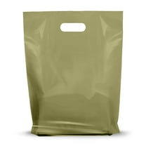 Olive Merchandise Plastic Glossy Retail Bags 100 Pack 12" x 15" with 1.25 mil Thick - Die Cut Handles - Perfect for Shopping, Party Favors, Birthdays, Color Olive - 100% Recyclable