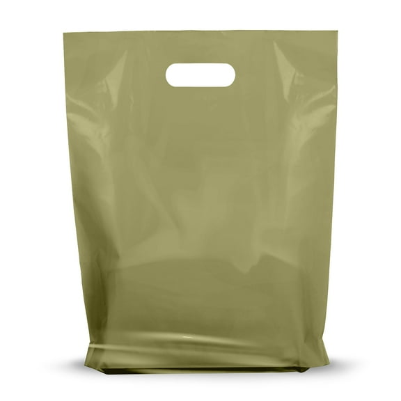 Olive Merchandise Plastic Glossy Retail Bags 100 Pack 12" x 15" with 1.25 mil Thick - Die Cut Handles - Perfect for Shopping, Party Favors, Birthdays, Color Olive - 100% Recyclable