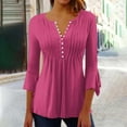thumbnail image 2 of BiZtdJrK V Neck Button Up Top for Women Pleated Front 3/4 Bell Sleeve Casual Tunics Loose Fit Business Work Tunic Tops Summer Savings Hot Pink S, 2 of 6
