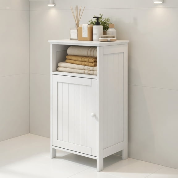 Resenkos Bathroom Freestanding Adjustable Shelf Floor Storage Cabinet-White, Bathroom Cabinets for Entryway Storage, Home Office Furniture