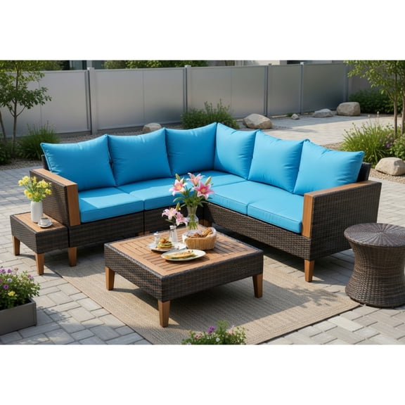 Topcobe 4 Pieces Patio Cushioned Rattan Furniture Set with Wooden Side Table, Outdoor Patio Furniture for Garden Backyard-Turquoise