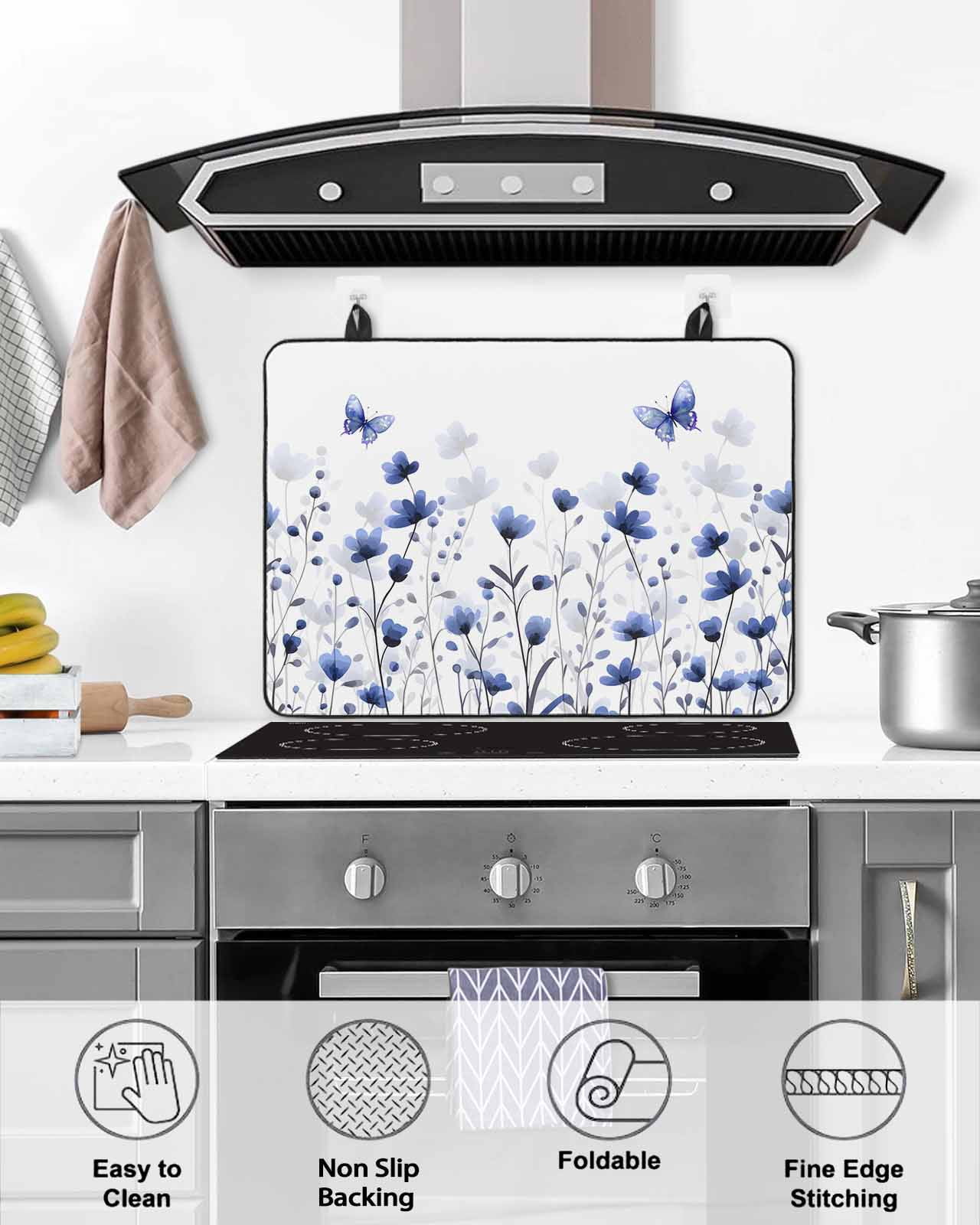nqOlkjepod Large Induction Cooktop Protector Mat 36"x21", Purple Floral Butterfly Stove Top Covers for Electric Stove, Spring Rustic Botanical Flowers Stove Burner Cover Mats, Glass Top Stove Cover