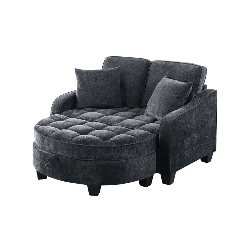 Double Sofa Chaise Lounge with 2 Pillows and Irregular Armrests, 2-Seater Sofa with Storage Ottoman, Convertible Sleeper Sofa Bed for Living Room Bedroom