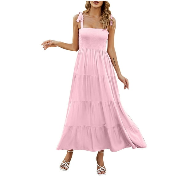 MIUOWANP Women's Summer Casual Dress Women Fashion Casual Solid Color Sleeveless Suspend Strip Flowing Dress Pink M