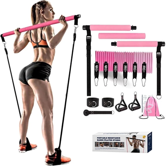 Genreen 180lb Pilates Bar Kit with Resistance Bands Exercise Bands Workout Bands -  Indoor and Outdoor Bands with Door Anchor and Handles for Strength, Slim, Yoga, Home Gym Equipment for Men/Women
