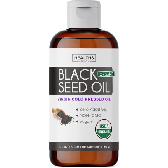 Aceite de Semilla Negra Healths Harmony, Nigella Sativa Prensado en Frío, Puro con Vitamina E, Suplemento Antioxidante, Vegano, Sin Gluten, 240 ml