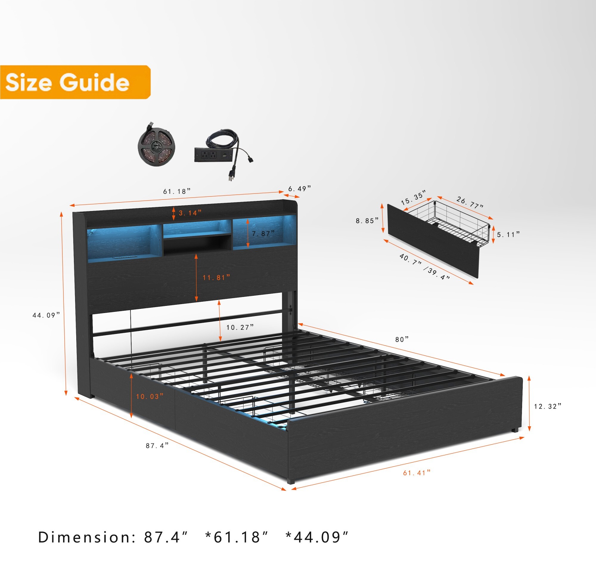 AENKYO Queen Size Bed Frame with 4 Storage Drawers & LED Lights - Storage Headboard with Charging, Noise-Free, Black